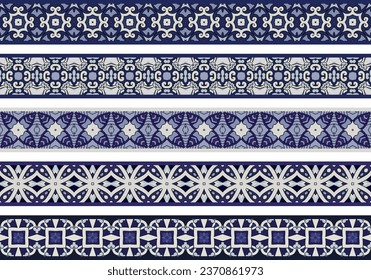 Set of five illustrated decorative borders made of abstract elements in light gray and shades of blue