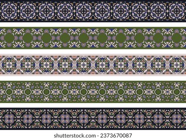 Set of five illustrated decorative borders made of abstract elements in beige, green, blue, brown and black