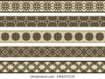 Set of five illustrated decorative borders made of abstract elements in beige and dark brown