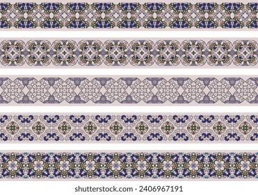 Conjunto de cinco bordes decorativos ilustrados de elementos abstractos en beige, verde, naranja, azul, turquesa y negro