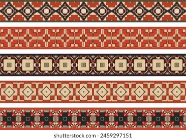 Conjunto de cinco bordes decorativos ilustrados hechos de Elementos abstractos en beige, marrón, rojo y negro