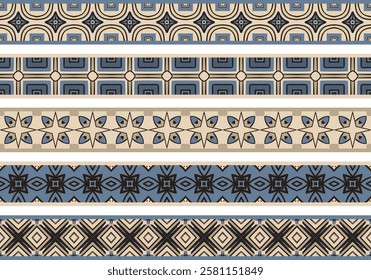 Set of five illustrated decorative borders made of abstract elements in beige, blue and black