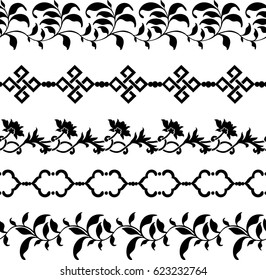 Set of five illustrated decorative borders made of abstract and floral elements in black