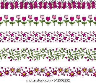 Set of five illustrated decorative borders made of butterflies, flowers, hearts and stars