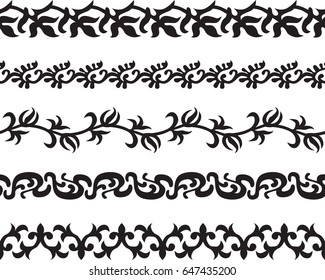 Set of five illustrated decorative borders made of abstract elements in black