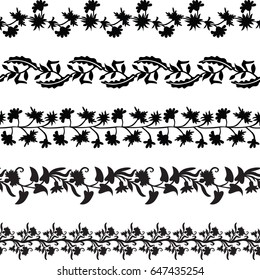Set of five illustrated decorative borders made of floral elements in black