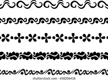 Set of five illustrated decorative borders made of black elements