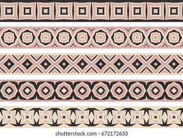 Set of five illustrated decorative borders made of abstract elements in beige, pink and black