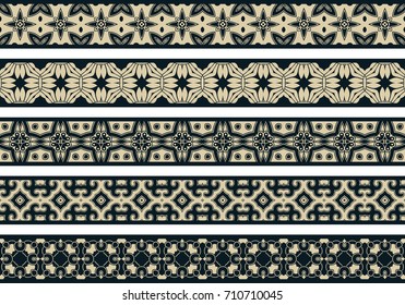 Set of five illustrated decorative borders made of abstract elements in beige and dark blue