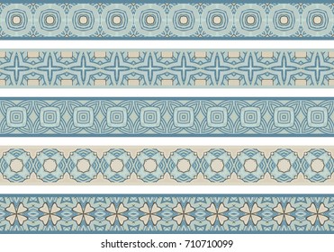 Set of five illustrated decorative borders made of abstract elements in beige,turquoise and gray