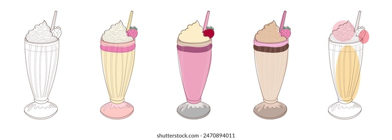 A set of five illustrated milkshakes, each with whipped cream and a strawberry on top.