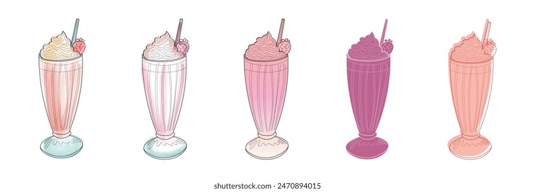 A set of five illustrated milkshakes, each topped with whipped cream and a strawberry, on a white background.