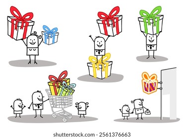 Set of five illustrations - Hand drawn cartoon stick characters shopping and offering big Gifts with ribbons, for all events and celebrations -