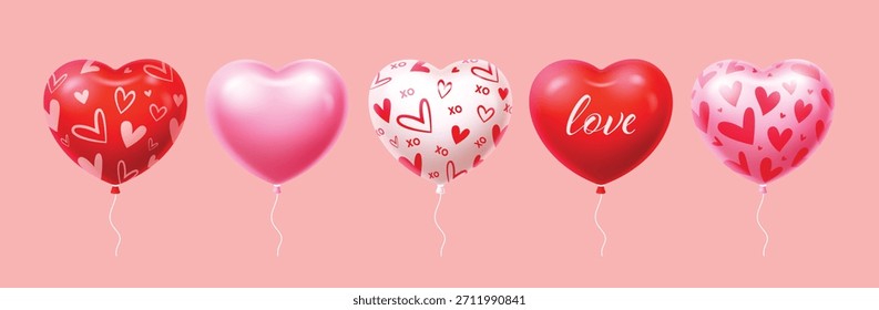 Un conjunto de cinco globos individuales en forma de corazón en 3D en rojo y rosa, con patrones como corazones Pequeños, guion de 'amor' y texto 'XO'. 