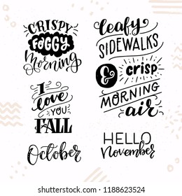 Set of five inspirational autumn hand lettering quotes. Cute and cozy fall woods and phrases. Vector illustration.