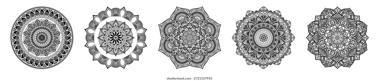 Conjunto de cinco intrincados desenhos mandala preto e branco com padrões florais e geométricos. Detalhada arte de linha, ornamentos simétricos, isolado no fundo branco. СColeção de mandalas.