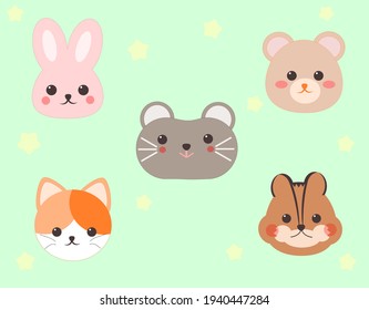 Set of five isolated vector cute animal faces (rabbit, mouse, bear, cat, chipmunk)