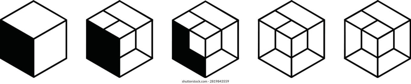 Set of five isometric cube in black and white showing different stages of completion or filling on a white background
