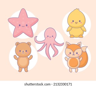 set of five kawaii animals