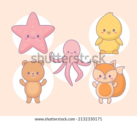set of five kawaii animals