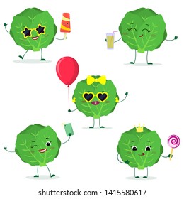 A set of five Kawaii cute cabbage vegetable in cartoon style. In glasses with ice cream, with a balloon, with a lollipop, with juice, with a selfie phone. Flat, Vector illustration.