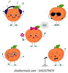 A set of five Kawaii cute peach fruit in a cartoon style. In headphones, in sunglasses, dancing in glasses , with a flower, singing into the microphone. Flat, Vector illustration.