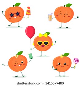 A set of five Kawaii cute peach in cartoon style. In glasses with ice cream, with a balloon, with a lollipop, with juice, with a selfie phone. Flat, Vector illustration.