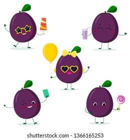 A set of five Kawaii cute plum purple fruit in cartoon style. In glasses with ice cream, with a balloon, with a lollipop, with juice, with a selfie phone. Flat, Vector illustration.