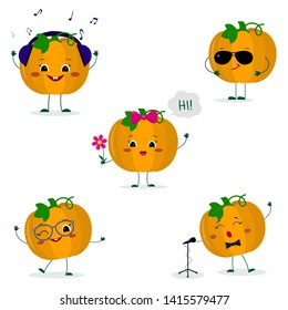 A set of five Kawaii cute pumpkin vegetablein a cartoon style. In headphones, in sunglasses, dancing in glasses , with a flower, singing into the microphone. Flat, Vector illustration.