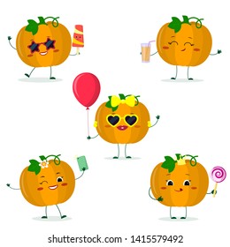 A set of five Kawaii cute pumpkin vegetablein cartoon style. In glasses with ice cream, with a balloon, with a lollipop, with juice, with a selfie phone. Flat, Vector illustration.