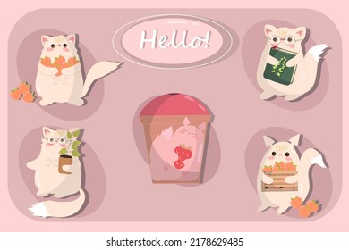 A set of five kawaii kittens holding various objects in their paws: peaches, a vase, a book, strawberries.  For childrens book, brand stickers in shops, of cafes, prints for fabrics , postcards.