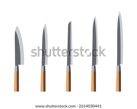 Set of five kitchen knives with wooden handles and stainless steel blades on white background