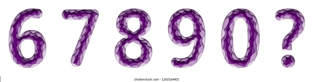 A set of five Latin numbers. And a question mark. Paper style, cut cardboard, voluminous with shadow. 6 7 8 9 0 ?. 10 eps