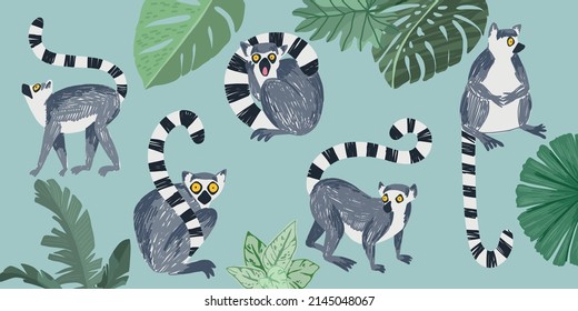 Set of five lemurs and tropical leaves, hand drawn vector illustration