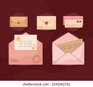 set of five letter envelopes
