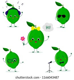 A set of five lime character in a cartoon style. In headphones, in sunglasses, dancing in glasses , with a flower, singing into the microphone. Flat, vector.