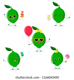 A set of five lime character in cartoon style. In glasses with ice cream, with a balloon, with a lollipop, with juice, with a selfie phone. Flat, vector.