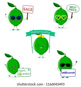 A set of five lime character in cartoon style. With different signs and glasses. Flat, vector.