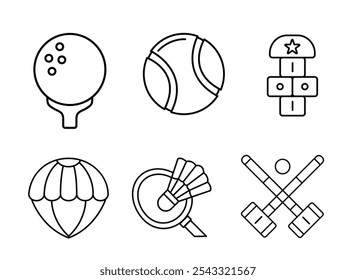 Um conjunto de cinco ícones de linha que representam diferentes esportes: golfe, beisebol, paraquedas, badminton e polo. Cada ícone é simples e facilmente reconhecível.