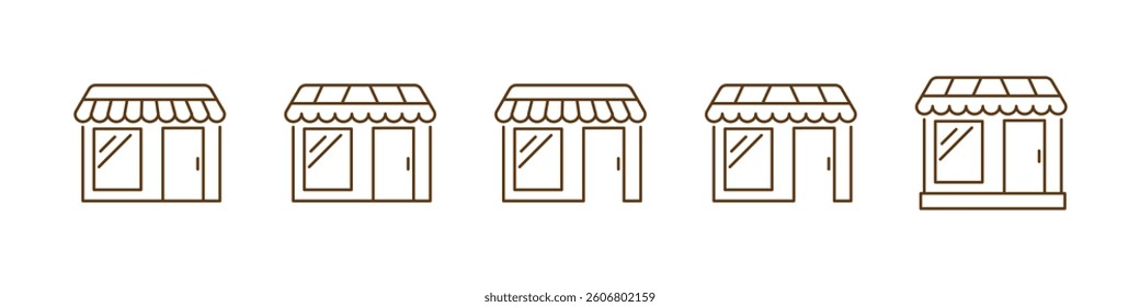 Set of five linear shop icons on transparent background.
Simple shop, market, store, house line icons.