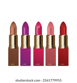 Set of five lipsticks in different colors, vector illustration