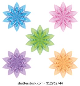 Set of five lotus flowers. Isolated objects on a white background. Vector. Can be used as icons