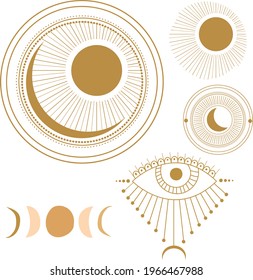 Set of five lunar illustrations, Suna and moon, evil eye, line illustration, vector graphic, gold line