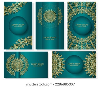 Set of five luxurious turquoise-colored backgrounds with an image of a golden mandala. Openwork ethnic ornament in the design of packaging, invitations, flyers. Vector.  