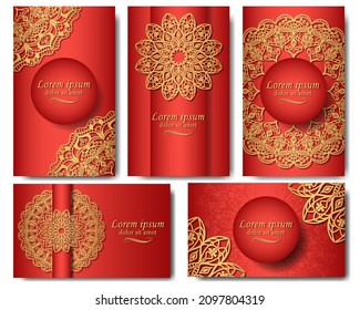 Set of five luxurious vector mandala patterns. Golden ethnic ornament on orange background. Gorgeous pattern in postcards, labels, posters, invitations, packages. 
