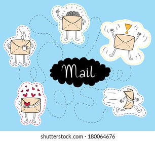 The set of five mail icons with different characters (relaxed, smart, urgent, running, lovely).