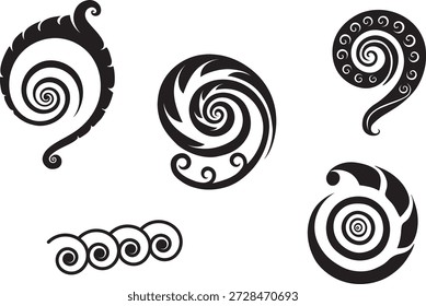 Set of five Maori Polynesian style koru spiral swirls, icon minimalist style. Vector illustration. Isolated on transparent background.