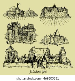 a set of five medieval castles freehand drawings