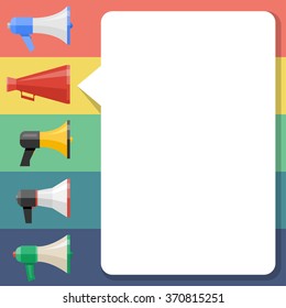 Set of five megaphones and a bubble for info. Different types of loudspeakers for info badge design. Vector illustration.