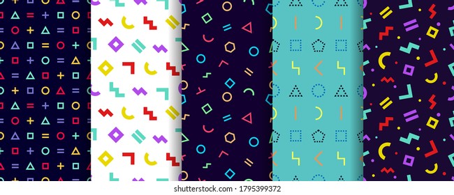 Set of five memphis seamless patterns. Geometric textures. Vector. Wrapping paper design. Colorful geometric background. Minimal abstract cover. Pattern templates in swatches panel